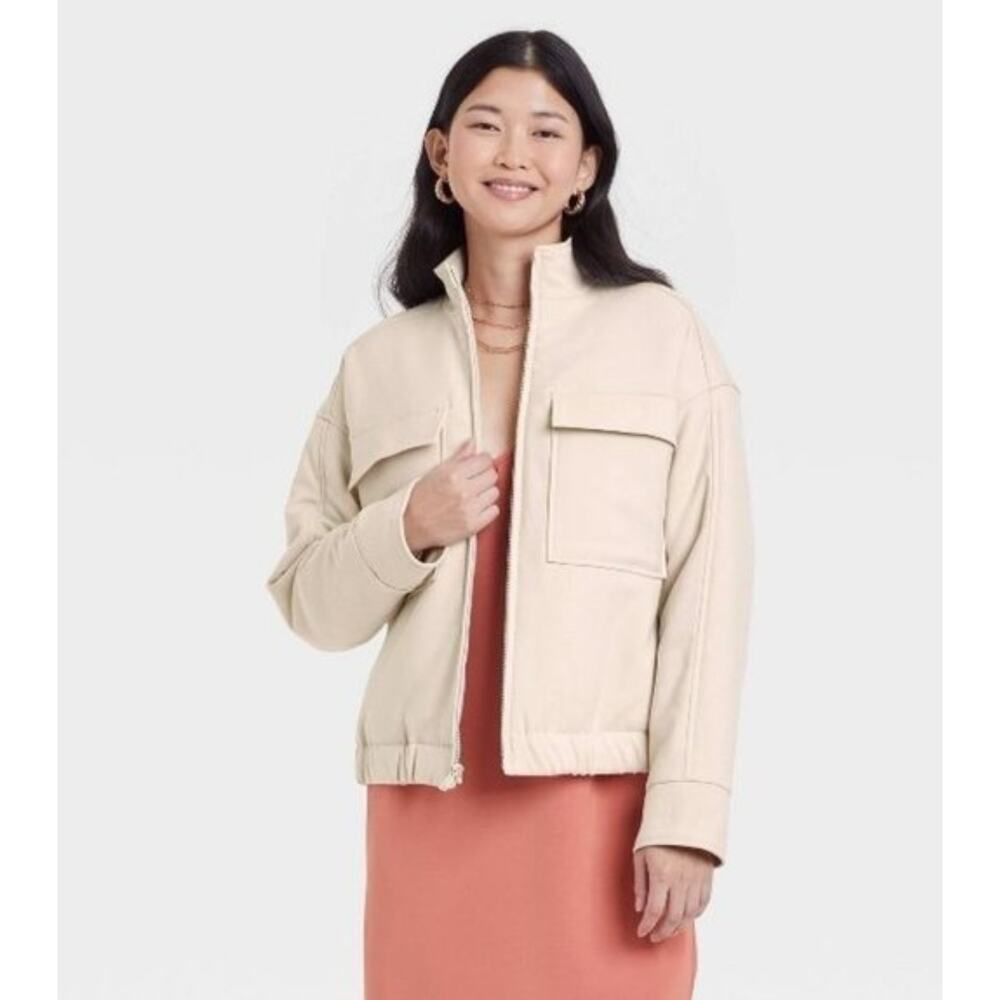 Womens 2XL Beige Bomber Jacket A New Day Utility Zip Front Padded Spring Coat